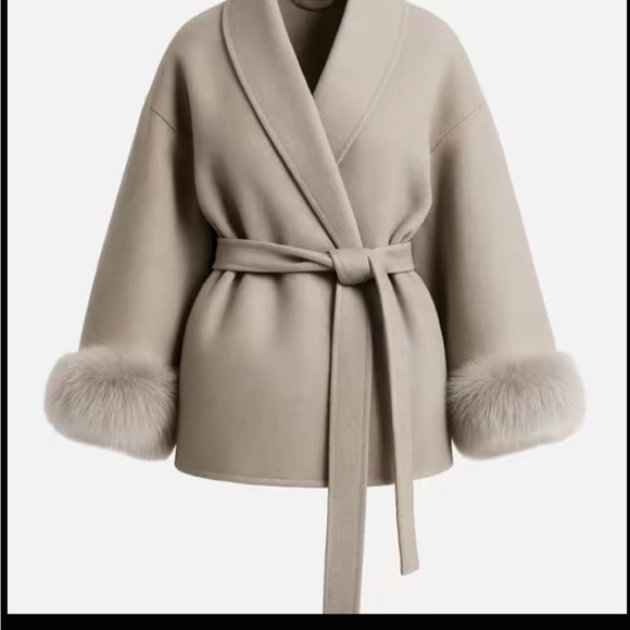 Taupe luxurious fair fur trim sleeve cuffs belted jacket coat - Picture 2 of 5